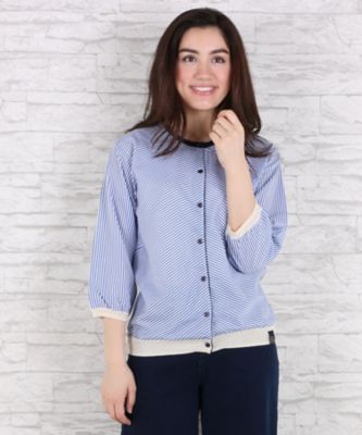 【SALE（伊勢丹）】＜サブストリート マイスタンダード/SAB STREET MY STANDARD＞ 大きいサイズ ストライプxニット異素材使いカーディガン(33-50-0332)(クローバー) ブルーストライプ(43) 【三越・伊勢丹/公式】