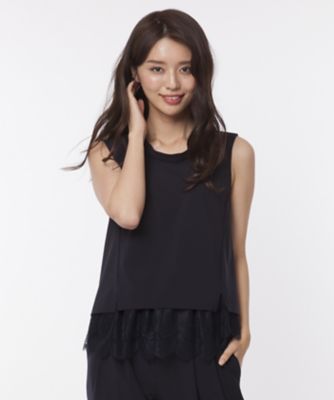 【SALE（三越）】＜ローズティアラL＞ 大きいサイズ 【セットアップ対応商品】裾レース使いハイネックダブルクロスブラウス ネービーブルー 【三越・伊勢丹/公式】