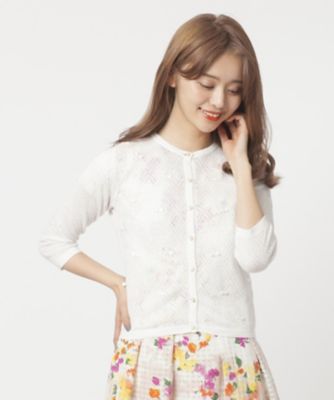 【SALE（三越）】＜ローズティアラL＞ 大きいサイズ リボン使い透かし編みニットカーディガン シロ 【三越・伊勢丹/公式】