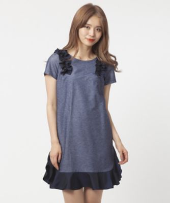 【SALE（三越）】＜ローズティアラ＞ ショルダーフリルデニム調チュニックワンピース ネービーブルー 【三越・伊勢丹/公式】