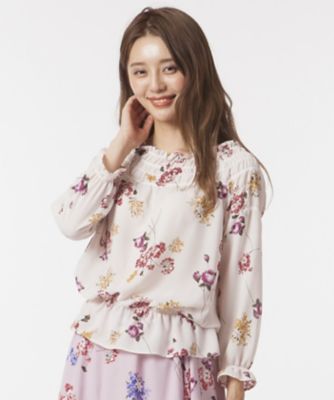 ＜ローズティアラ＞ 【セットアップ対応商品】フラワープリントシャーリングオフショル風ブラウス シロ 【三越・伊勢丹/公式】