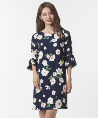 ＜ローズティアラ＞ オールドローズプリントフレアスリーブワンピース ネービーブルー 【三越・伊勢丹/公式】
