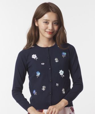 ＜ローズティアラ＞ フラワーモチーフ刺繍ニットカーディガン ネービーブルー 【三越・伊勢丹/公式】