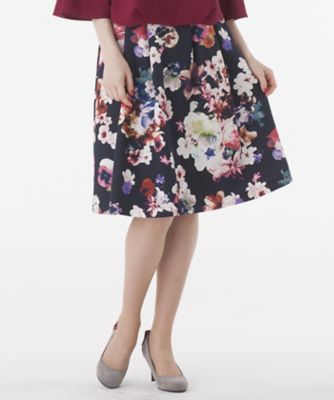 ＜ローズティアラL＞ 大きいサイズ ビオラローズプリントグログランフレアスカート ネービーブルー 【三越・伊勢丹/公式】