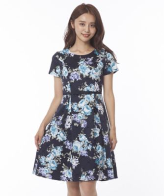 ＜ローズティアラL＞ 大きいサイズ フラワープリントバイヤスリボンプリントワンピース ネービーブルー 【三越・伊勢丹/公式】