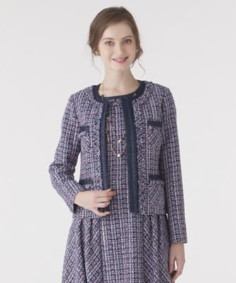 ＜ローズティアラL＞ 大きいサイズ 【セットアップ対応商品】ファンシーツイードフリンジノーカラージャケット ネービーブルー 【三越・伊勢丹/公式】