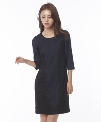 ＜ローズティアラ＞ レース使いストレッチワンピース ネービーブルー 【三越・伊勢丹/公式】