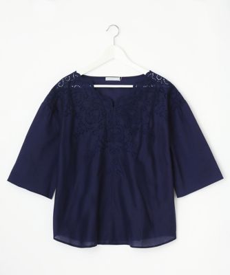 ＜Pale h'（ペールアッシュ）＞ 大きいサイズ スカラレースブラウス(PH17-AFS08)(クローバー) ネイビー(13) 【三越・伊勢丹/公式】