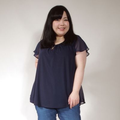 【SALE（伊勢丹）】＜VARAL DE MODA+＞ 大きいサイズ リヨセル綿天竺&ブラウジングシフォンプルオーバー(V71-4221)(クローバープラス) ネイビー 【三越・伊勢丹/公式】