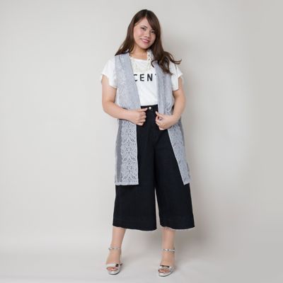 【SALE（伊勢丹）】＜VARAL DE MODA+＞ 大きいサイズ ストライプレースロングジレ(V71-4340)(クローバープラス) ライトグレー 【三越・伊勢丹/公式】