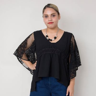 【SALE（伊勢丹）】＜VARAL DE MODA+＞ 大きいサイズ ストライプレース振袖プルオーバー(V71-4341)(クローバー) ブラック 【三越・伊勢丹/公式】