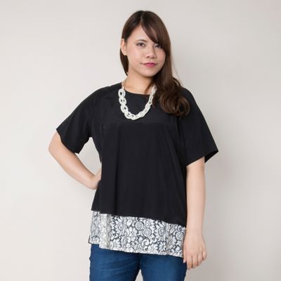 【SALE（伊勢丹）】＜VARAL DE MODA+＞ 大きいサイズ 裾レースリヨセル綿プルオーバー(V71-8210)(クローバープラス) ブラック 【三越・伊勢丹/公式】