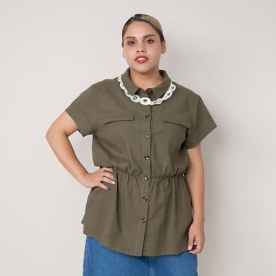 【SALE（伊勢丹）】＜VARAL DE MODA+＞ 大きいサイズ ストレッチオックスフォードブラウス(V71-8211)(クローバー) カーキ 【三越・伊勢丹/公式】