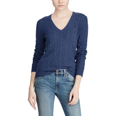 ＜POLO RALPH LAUREN（ウィメンズ）/ポロラルフローレン＞ ケーブルニット Vネック セーター B28ブルー 【三越・伊勢丹/公式】