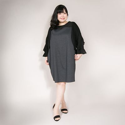 ＜VARAL DE MODA+＞ 大きいサイズ フロッキードット切替カット アンド ソーンワンピースB(V72-1046)(クローバープラス) チャコール(95) 【三越・伊勢丹/公式】