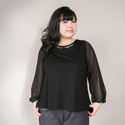 ＜VARAL DE MODA+＞ 大きいサイズ ビジュー付シフォン袖プルオーバー(V72-1003)(クローバー) ブラック(90) 【三越・伊勢丹/公式】