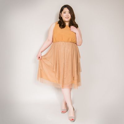 ＜VARAL DE MODA+＞ 大きいサイズ チュールドッキングワンピース(V72-1008)(クローバープラス) キャメル(29) 【三越・伊勢丹/公式】