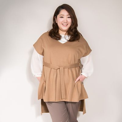 ＜VARAL DE MODA+＞ 大きいサイズ VネックウエストマークポンチョA(V72-1040)(クローバー) キャメル(29) 【三越・伊勢丹/公式】