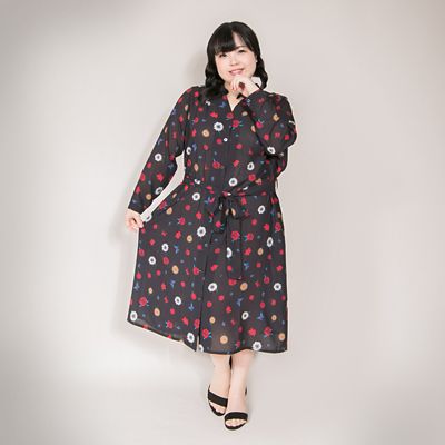 ＜VARAL DE MODA+＞ 大きいサイズ フラワープリントシフォンシャツワンピース(V72-1044)(クローバー) ブラック(90) 【三越・伊勢丹/公式】