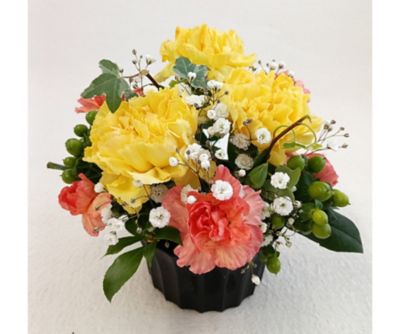 <ちきりやガーデン> ＜ちきりやガーデン＞母の日生花アレンジメント　カーネーション　イエロー＆オレンジ