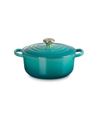 ＜LE CREUSET＞【ル・クルーゼおまとめ】シグニチャー　ココット・ロンド　ブルー　リビエラ　（ライト　ゴールドツマミ）