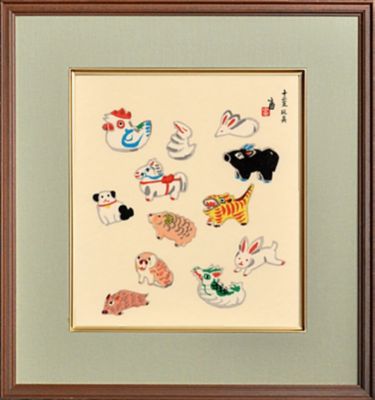 ＜京都/京都徳力版画館＞★【産直】木版画　正月色紙「十二支づくし」額入り