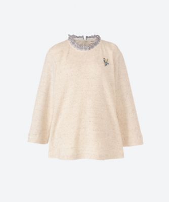＜super hakka feuille (Women/大きいサイズ)＞コットンサーマルスカラップレースフリル＋フラワーワンポイント刺繍カットソー
