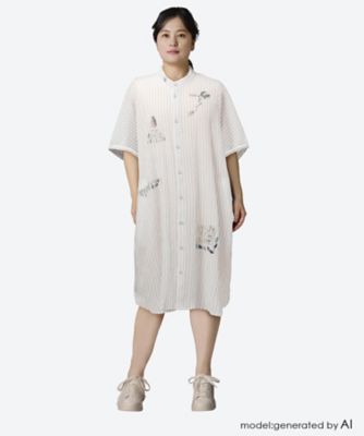 ＜super hakka feuille (Women/大きいサイズ)＞ＳＵＰＥＲ　ＨＡＫＫＡ×えんどうゆりこ「つながる呼吸」刺繍コットンシャーリングシャツワンピース