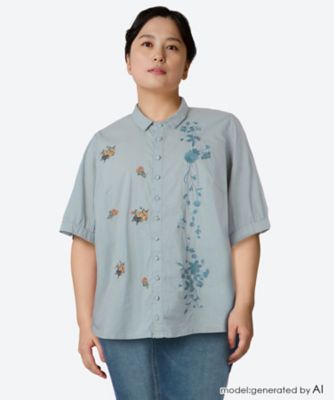 ＜super hakka feuille (Women/大きいサイズ)＞コットンローン　アシンメトリー刺繍シャツブラウス