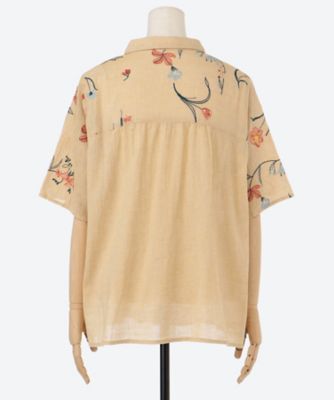 ブラウス シャツ 綿麻シャンブレー　フラックスデフルール刺繍シャツブラウス レディース 綿麻シャンブレー フラックスデフルール刺繍シャツブラウス