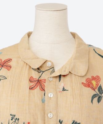 ブラウス シャツ 綿麻シャンブレー　フラックスデフルール刺繍シャツブラウス レディース 綿麻シャンブレー フラックスデフルール刺繍シャツブラウス