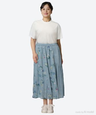 綿麻シャンブレー　フラックスデフルール刺繍アシンメトリースカート（裏地付き）