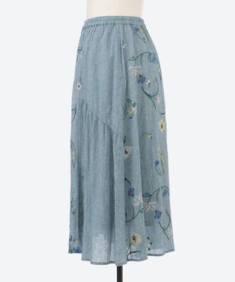 綿麻シャンブレー　フラックスデフルール刺繍アシンメトリースカート（裏地付き）
