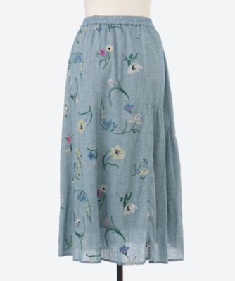 綿麻シャンブレー　フラックスデフルール刺繍アシンメトリースカート（裏地付き）