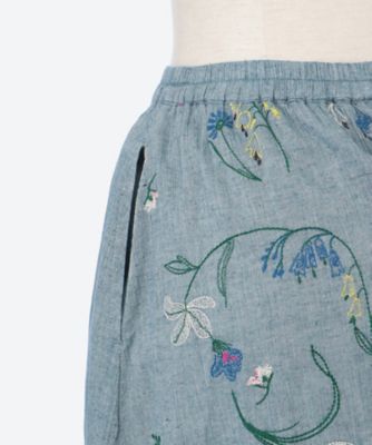 綿麻シャンブレー　フラックスデフルール刺繍アシンメトリースカート（裏地付き）
