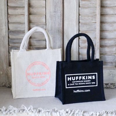 ＜HUFFKINS＞★ジュートバッグ　ブラックスクエアロゴＳとホワイトｗピンクロゴＭのセット