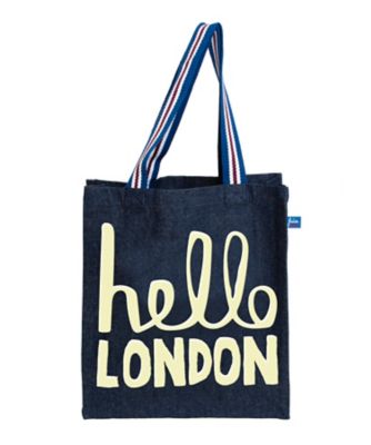 ＜Julia GASH＞★ショッピングバッグ（大）　ｈｅｌｌｏ　ＬＯＮＤＯＮ　パフプリント　デニム　ストライプハンドル
