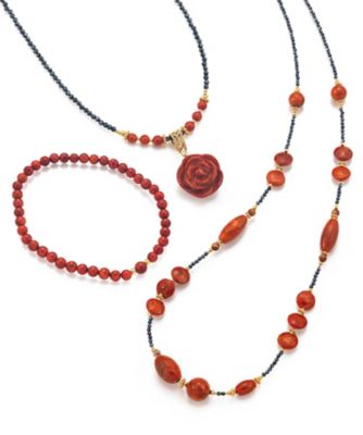９５２１【年明け届】珊瑚ペンダント・ロングネックレス・ブレスレット３点セット