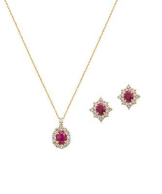 ９５４７【年明け届】Ｋ１８ＹＧルビー・ダイヤモンドペンダント・ピアスセット