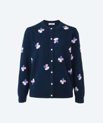 ☆クルーネック花柄カーディガン機械編み花柄（クローバー