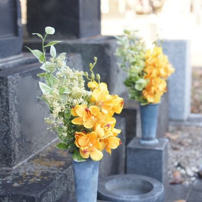 お墓用造花　蘭の花束（黄色・Ｌサイズ・１対）