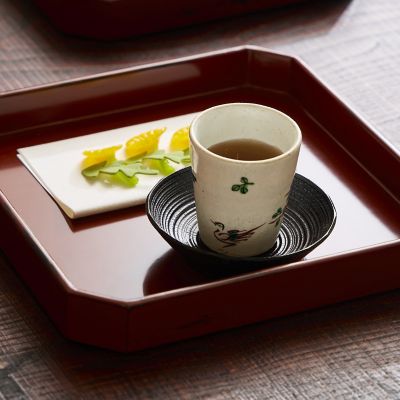 ＜嘉門工藝＞花鳥文美濃焼湯呑み＋沢栗山皿（３．５寸）１客