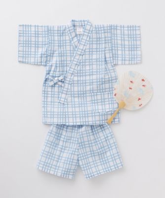 子ども甚平　格子　水色　９０・１００・１１０・１２０