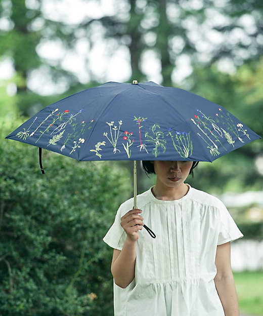 【ボタニカル刺繍】　晴雨兼用日傘（折りたたみ傘）　ネイビー