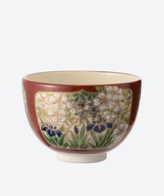 ＜清閑寺窯＞紅地　四季草花　茶碗