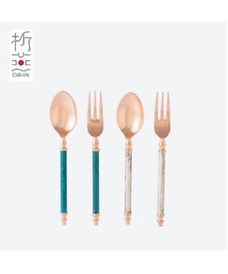 ＜NIIGATA 越品＞【越品】アルチザン　コーヒースプーン　ヒメフォーク　４本組（ピンクゴールド＆アンティークシルバー／ピンクゴールド＆ブルー）