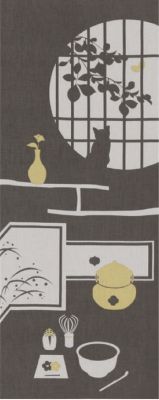 飾り手ぬぐい　ねこ　茶室（グレー）
