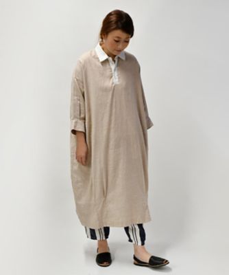 ロンハワンピース　ベージュ柔らかコットンリネンのシャツドレス