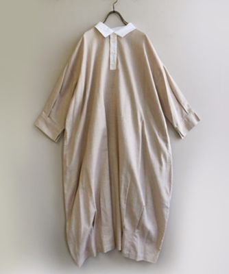 ロンハワンピース　ベージュ柔らかコットンリネンのシャツドレス