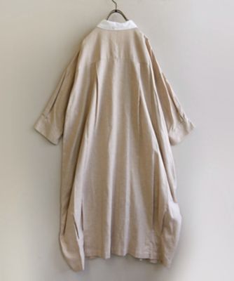 ロンハワンピース　ベージュ柔らかコットンリネンのシャツドレス